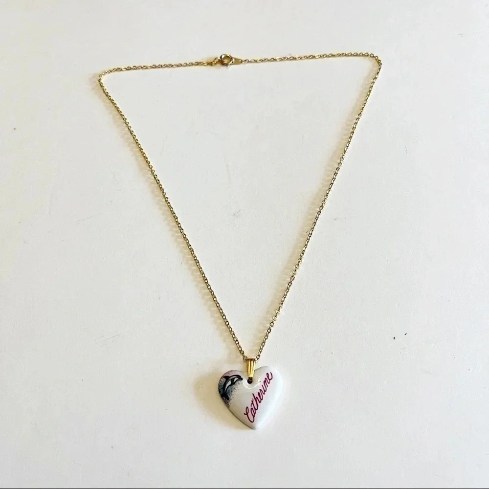 Name Necklace Catherine Dolphin Heart Ceramic Gold Tone Chain